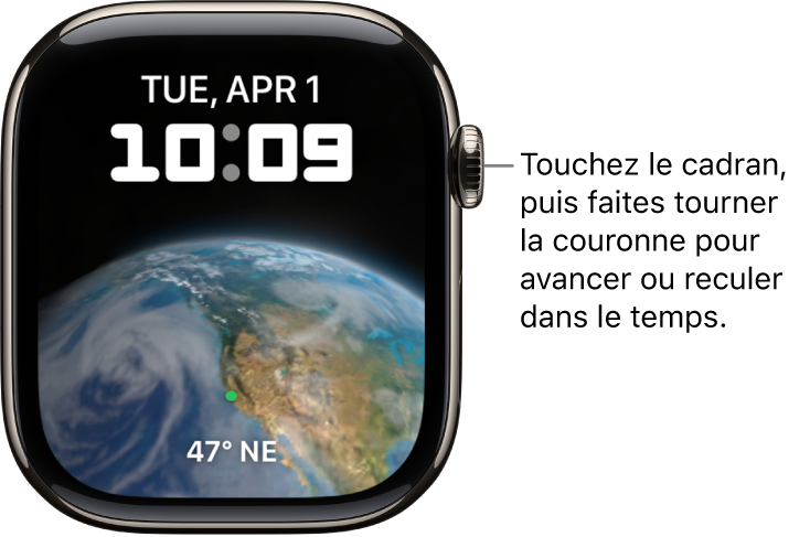 Cadran Astronomie, qui montre le jour, la date et l’heure. Une complication de minuteur se trouve en bas. Touchez le cadran, puis faites tourner la Digital Crown pour avancer ou reculer dans le temps.