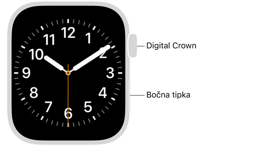 Prednja strana uređaja Apple Watch, s Digital Crownom prikazanim pri vrhu desne strane sata i bočnom tipkom prikazanom pri dnu desno.