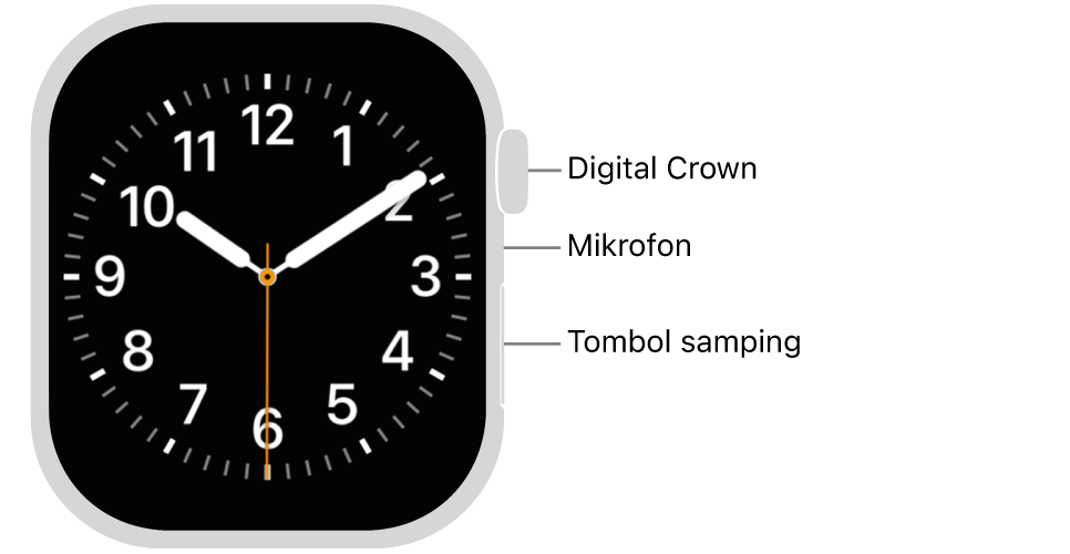 Bagian depan Apple Watch Series 11, dengan layar yang menampilkan wajah jam, dan Digital Crown, mikrofon, dan tombol samping dari bagian atas ke bawah di bagian samping jam.