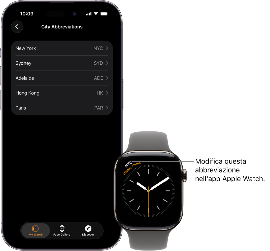 iPhone e Apple Watch, uno accanto all’altro. Lo schermo di Apple Watch mostra l’ora locale di New York con l’abbreviazione NYC. La schermata di iPhone mostra l’elenco delle città nelle impostazioni Orologio nell’app Watch.