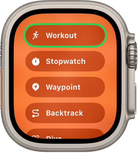 Ekrane „Quick Switch“ rodomi veiksmai, kuriuos galima priskirti veiksmo mygtukui, pvz., „Workout“, „Stopwatch“ ir „Waypoint“.