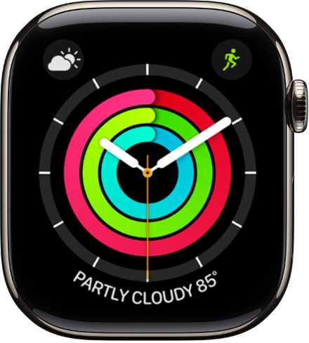 Ciparnīca Activity Analog, kurā redzams pulkstenis un mērķu Move, Exercise un Stand izpildītā daļa. Ir arī trīs papildinājumi: Weather augšējā kreisajā stūrī, Workout augšējā labajā stūrī un Weather Conditions apakšdaļā.