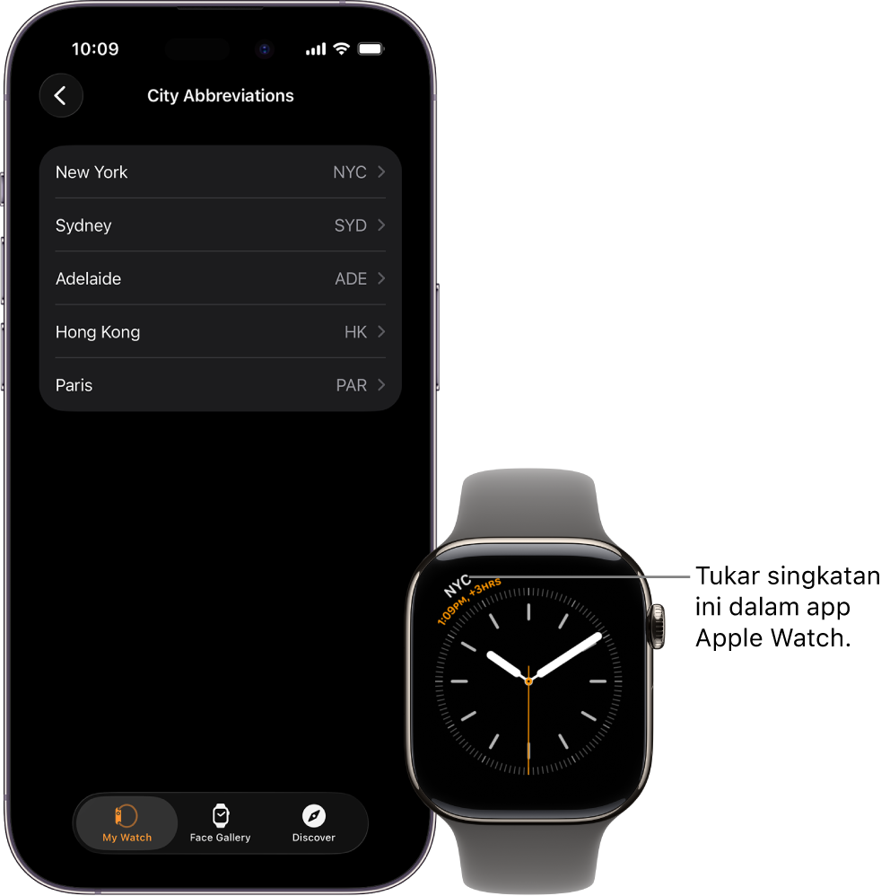 iPhone dan Apple Watch, bersebelahan. Skrin Apple Watch menunjukkan waktu di Kuala Lumpur, menggunakan singkatan KUL. Skrin iPhone menunjukkan senarai bandar dalam seting Jam dalam app Apple Watch.