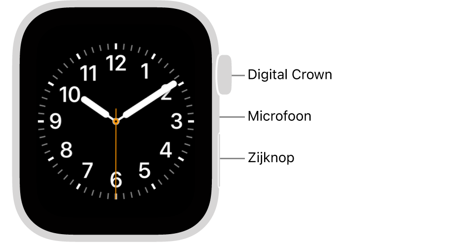 De voorkant van de Apple Watch Series 6, met de wijzerplaat op het scherm. Aan de zijkant, van boven naar beneden, bevinden zich de Digital Crown, de microfoon en de zijknop.