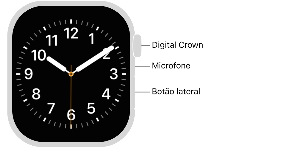 A parte frontal do Apple Watch Series 11 com a tela exibindo o mostrador e a Digital Crown, o microfone e o botão lateral de cima para baixo na lateral do relógio.
