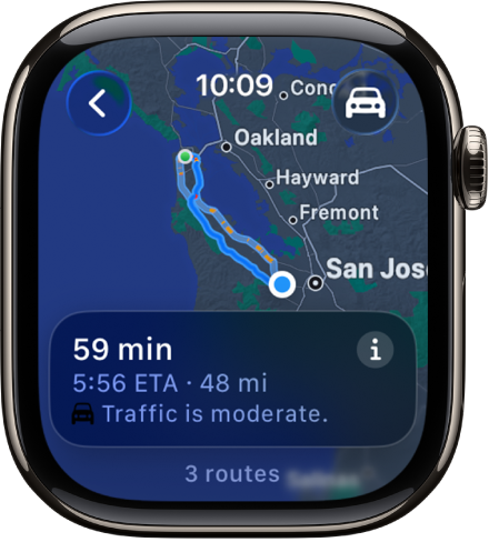 App Mapas mostrando uma visão geral de trajetos de carro. A primeira parte da viagem aparece na parte inferior.