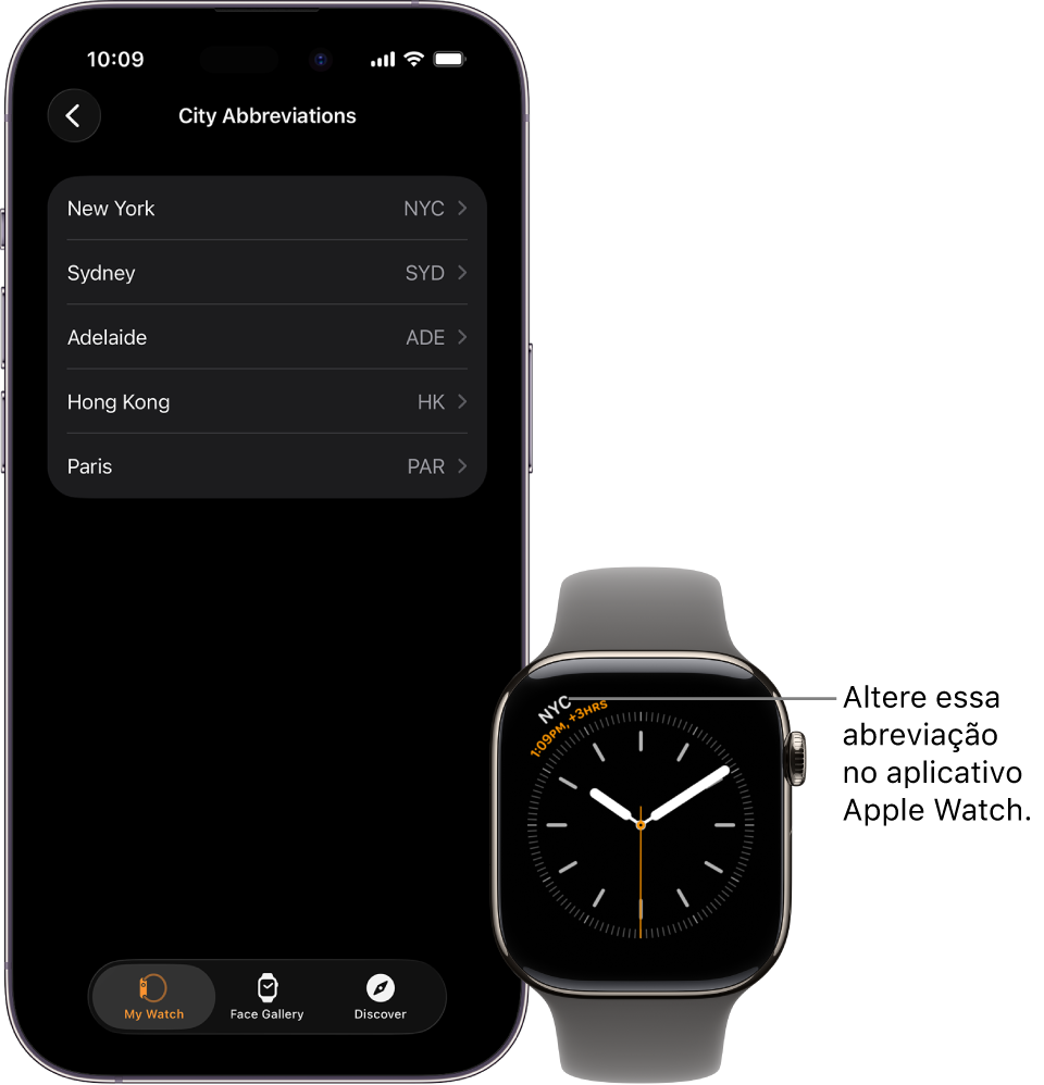Um iPhone e um Apple Watch lado a lado. A tela do Apple Watch mostra a hora em Nova Iorque, com a abreviação NYC. A tela do iPhone mostra a lista de cidades nos ajustes do Relógio, no app Apple Watch.