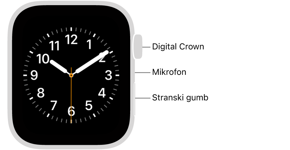 Sprednji del ure Apple Watch SE 3 s prikazano številčnico na zaslonu ter z gumbom Digital Crown, mikrofonom in stranskim gumbom od zgoraj navzdol na stranskem delu ure.