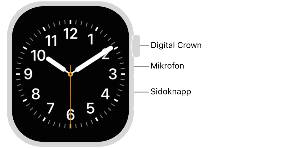 Framsidan på Apple Watch Series 11. Skärmen visar urtavlan och på sidan av klockan, uppifrån och ned, finns Digital Crown, mikrofonen och sidoknappen.