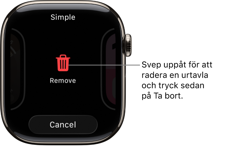 Skärmen Apple Watch med knapparna Ta bort och Avbryt som visas när du sveper till en urtavla och sedan sveper den uppåt för att radera den.