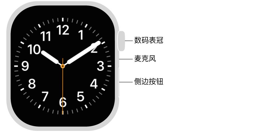 Apple Watch Series 11 的正面，屏幕显示表盘，手表侧边从上到下依次是数码表冠、麦克风和侧边按钮。