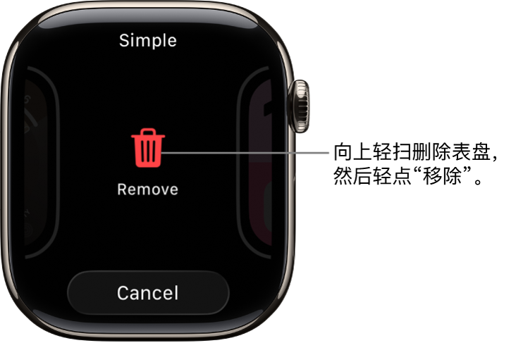 Apple Watch 屏幕上显示的“移除”和“取消”按钮，在轻扫到某个表盘并向上轻扫该表盘以删除它时，这两个按钮会出现。
