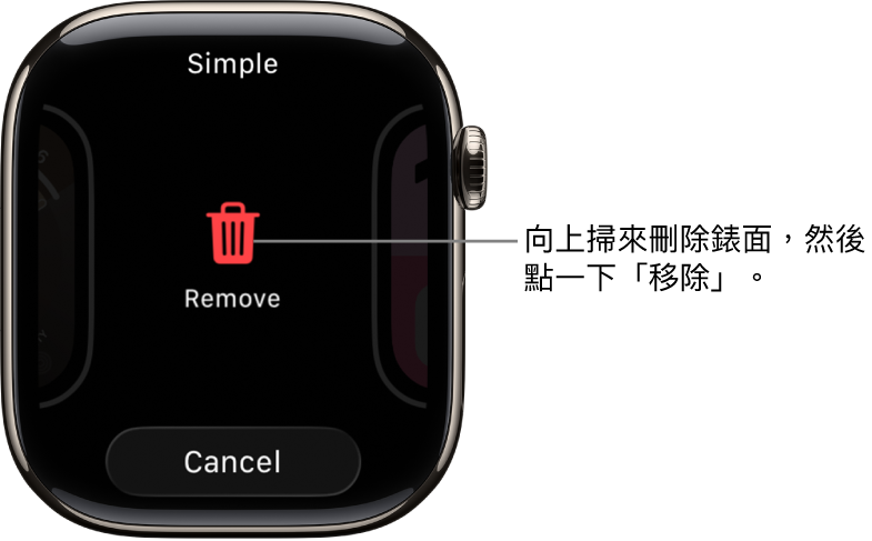 Apple Watch 畫面顯示「移除」和「取消」按鈕,其會在你輕掃至錶面然後向上掃來刪除錶面時出現。