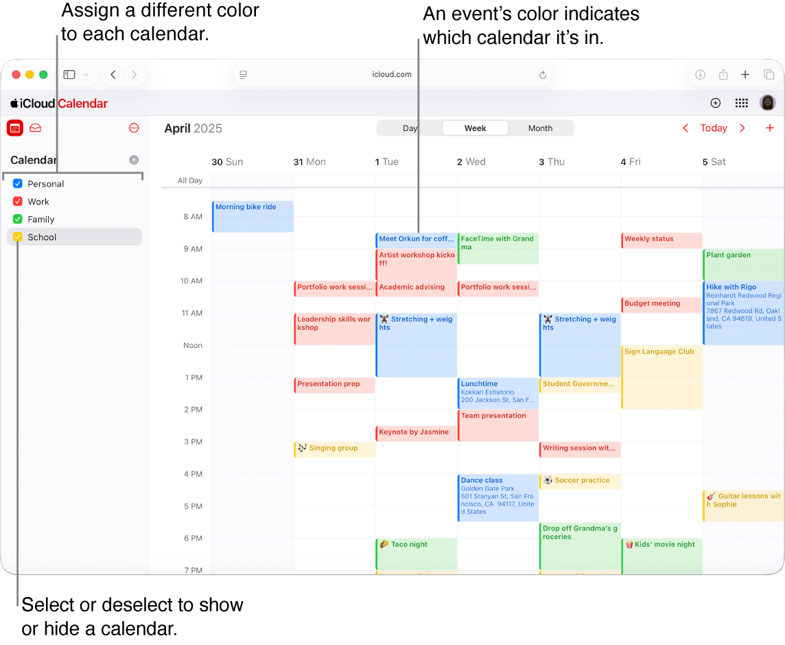 La finestra del Calendari a iCloud.com amb diferents calendaris. S’assigna un color diferent a cada calendari; el color d’un esdeveniment indica el calendari al qual pertany.