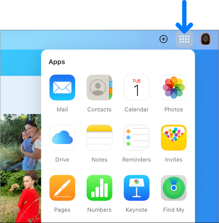 On the iCloud homepage, the App Launcher is open, and shows the following apps: Mail, Contacts, Calendar, Photos, iCloud Drive, Notes, Reminders, Invites, Pages, Numbers, Keynote and Find My.