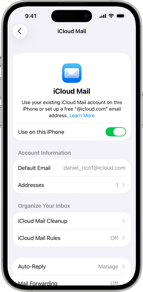 The Mail screen in iCloud settings. Use on this iPhone is turned on.