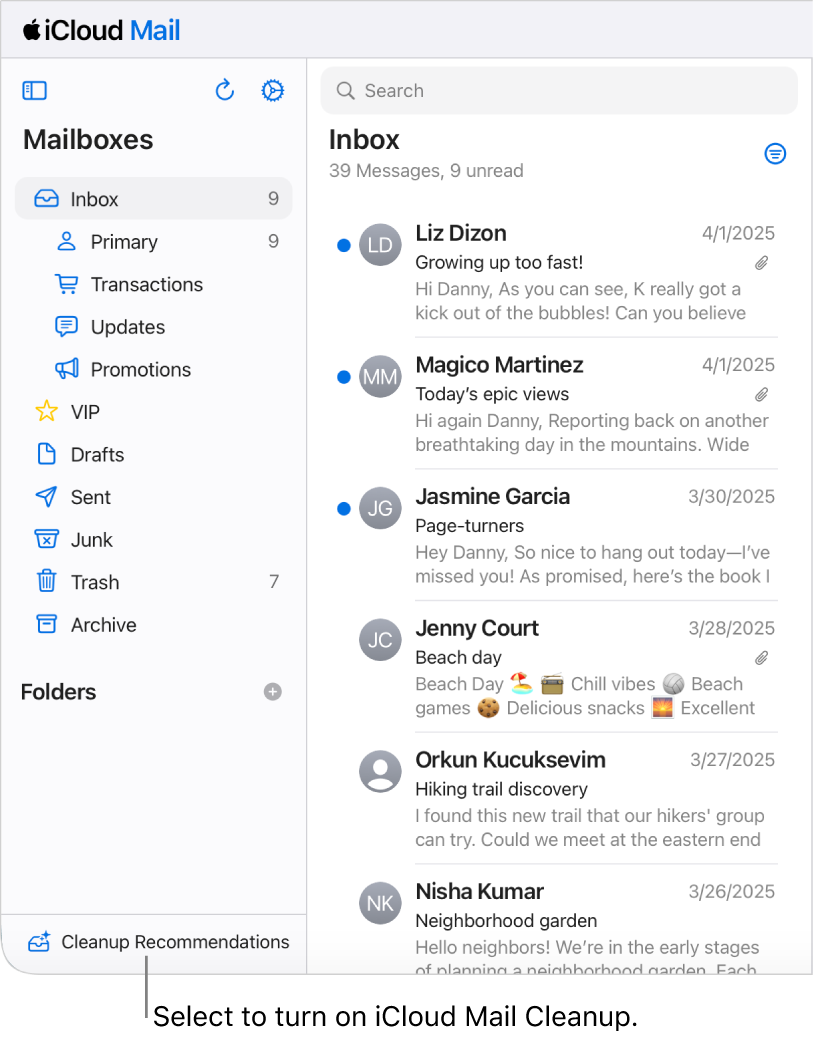 El botón Recomendaciones de limpieza en la parte inferior de la lista de buzones de correo.