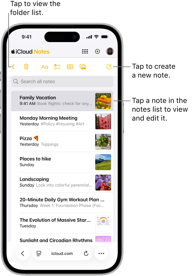 Daftar catatan yang terbuka di iCloud.com pada ponsel.