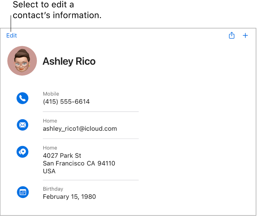 iCloud.com 上的聯絡人名片顯示聯絡人的資訊,包含電話號碼、電子郵件地址、住家住址和出生日期,另外還有用來編輯這些欄位的按鈕。