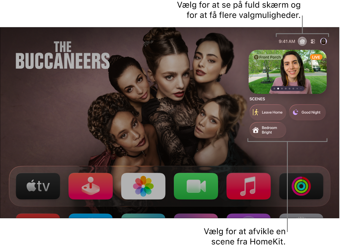 Skærm på Apple TV, der viser fanen Apple Hjem.