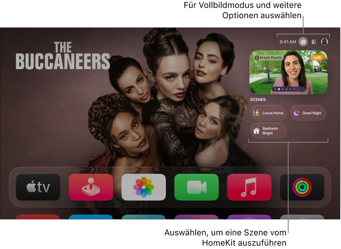 Apple TV-Bildschirm mit dem Tab „Apple Home“