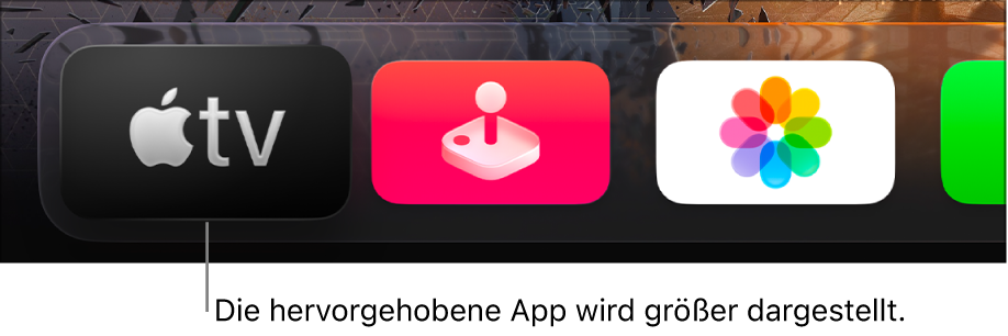Die Apple TV App ist in der oberen Reihe des Home-Bildschirms auf dem Apple TV hervorgehoben.