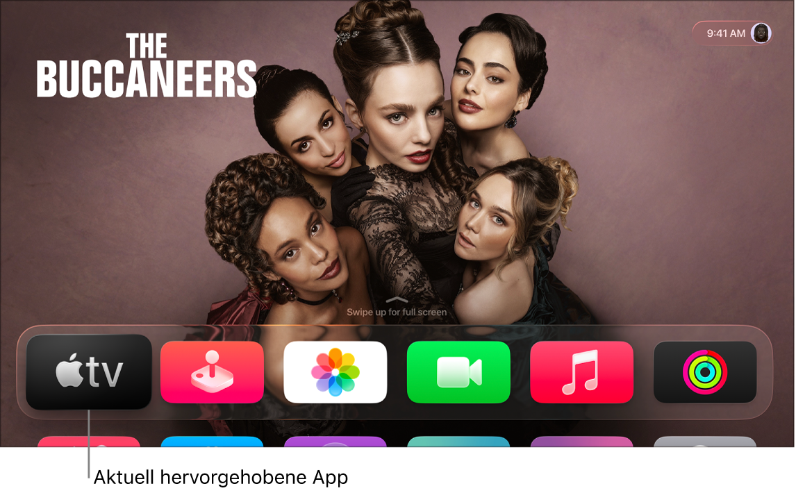Der Home-Bildschirm des Apple TV mit der hervorgehobenen Apple TV App.