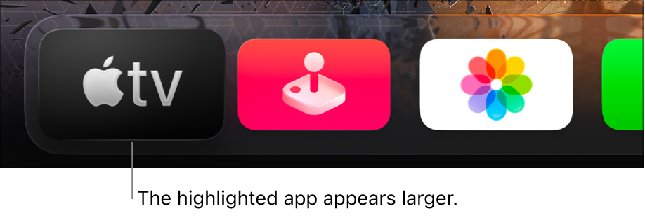 The Apple TV app highlighted in the top row of the Apple TV Home Screen.