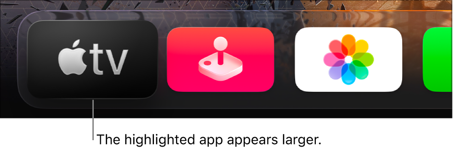The Apple TV app highlighted in the top row of the Apple TV Home Screen.