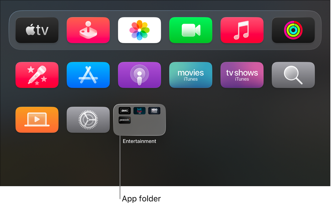 Apple TV Home Screen with an app folder shown.