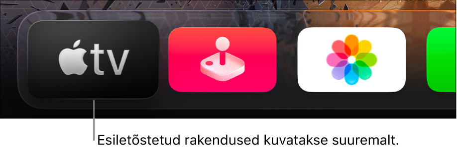 Apple TV rakendus on tõstetud Apple TV Home Screen-kuva ülemisel real esile.