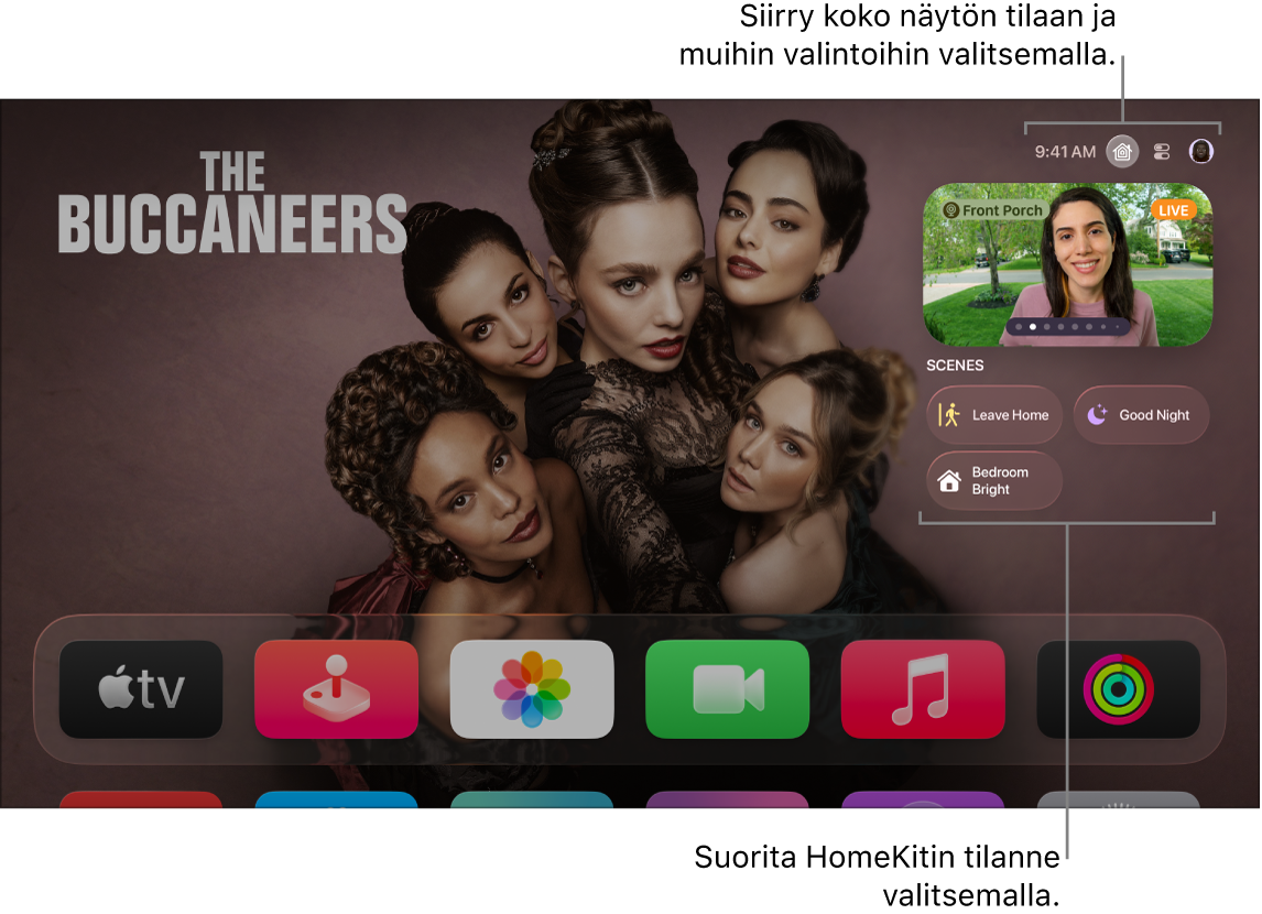 Apple TV ‑näyttö, jossa näkyy Applen Koti -välilehti.