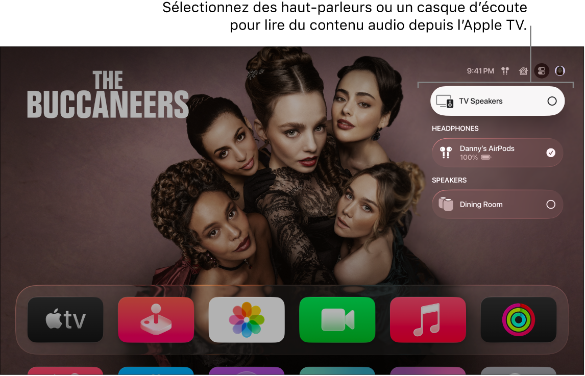 Écran de l’Apple TV avec les commandes audio du centre de contrôle