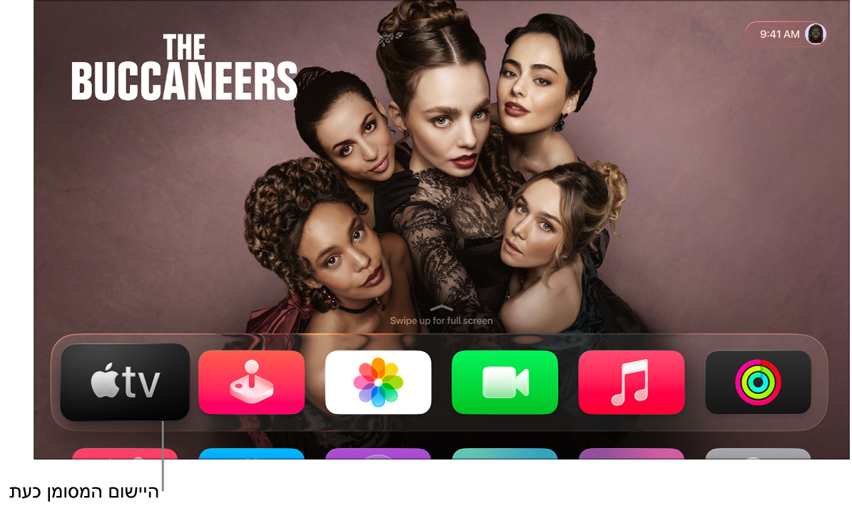 מסך הבית ב-Apple TV שבו היישום TV של Apple מסומן