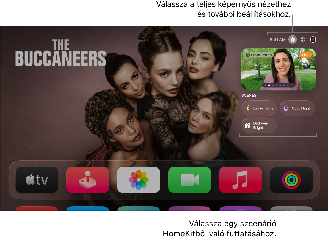 Az Apple TV képernyője az Apple Otthon lappal.