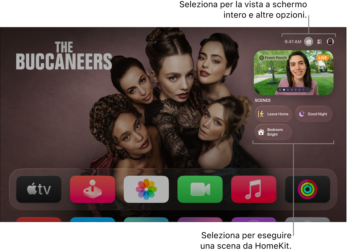 Schermata di Apple TV che mostra il pannello Apple Home.