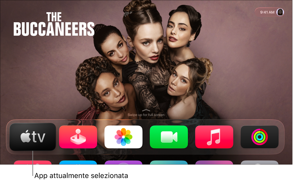 La schermata Home di Apple TV con l’app TV di Apple evidenziata.