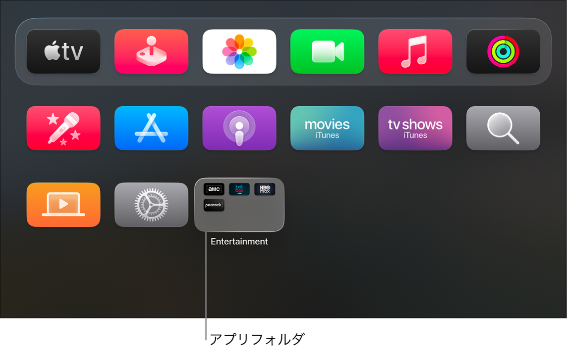 アプリフォルダが表示されているApple TVホーム画面。
