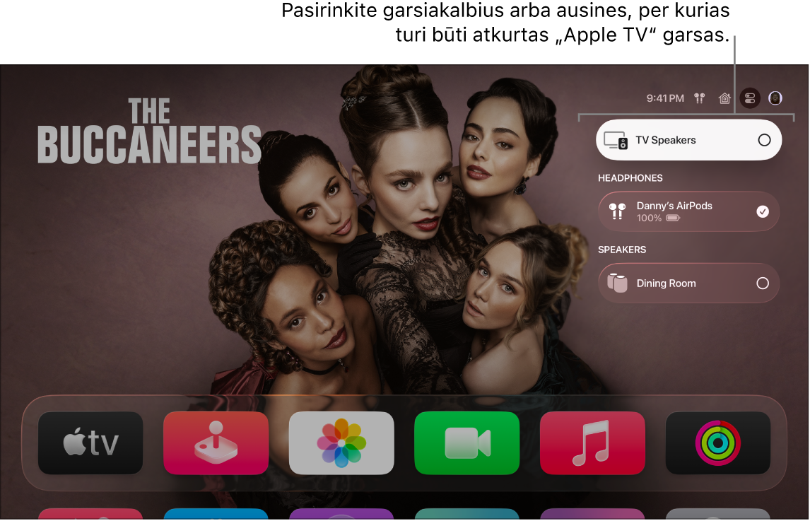 „Apple TV“ ekranas, kuriame pateikiami „Control Center“ garso valdikliai
