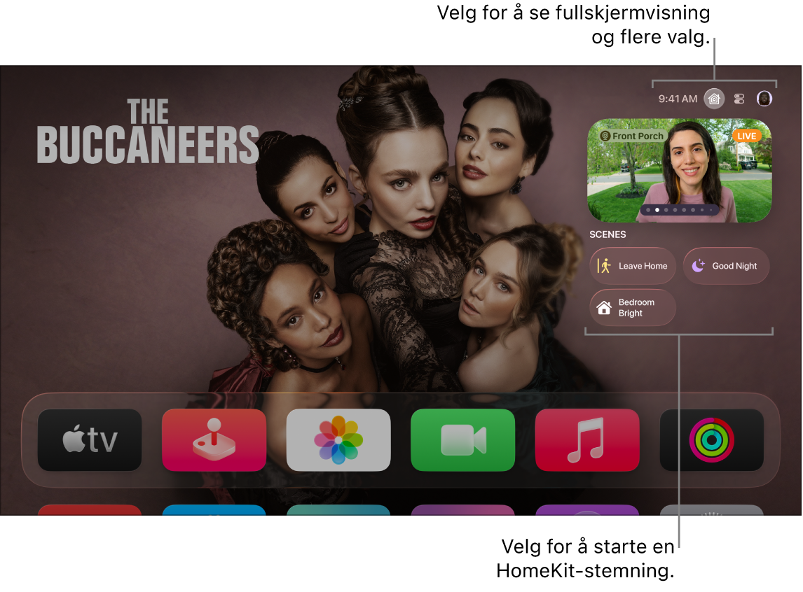 Apple TV-skjerm som viser Apple Home-fanen.