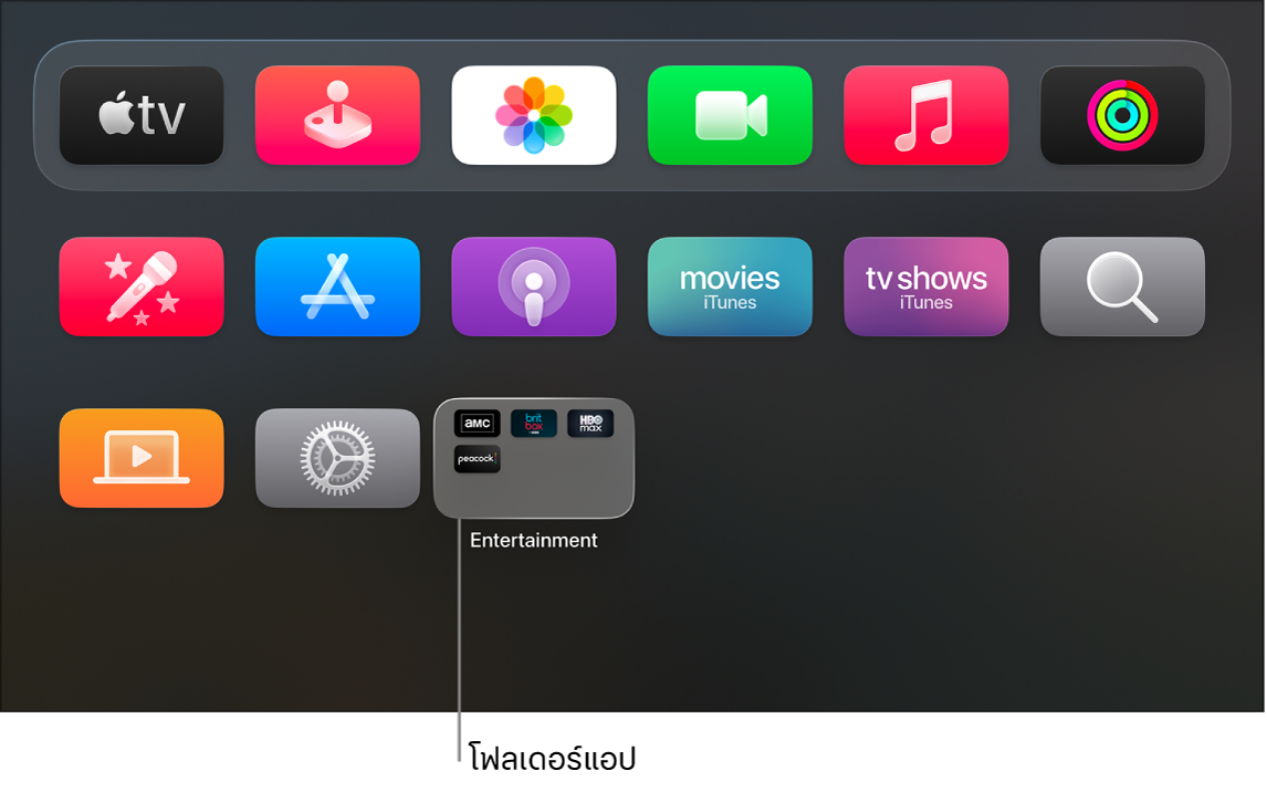 หน้าแรกของ Apple TV ที่โฟลเดอร์แอปแสดงอยู่