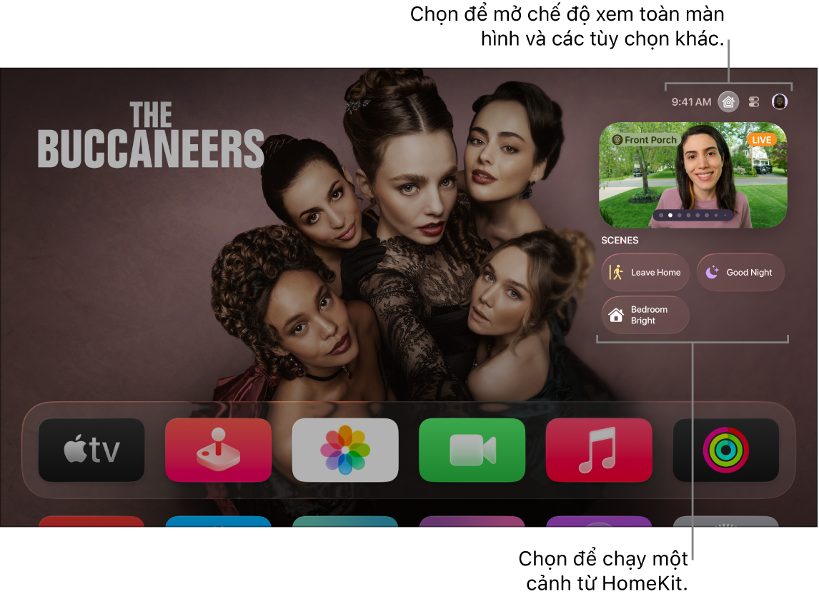 Màn hình Apple TV đang hiển thị tab Nhà Apple.