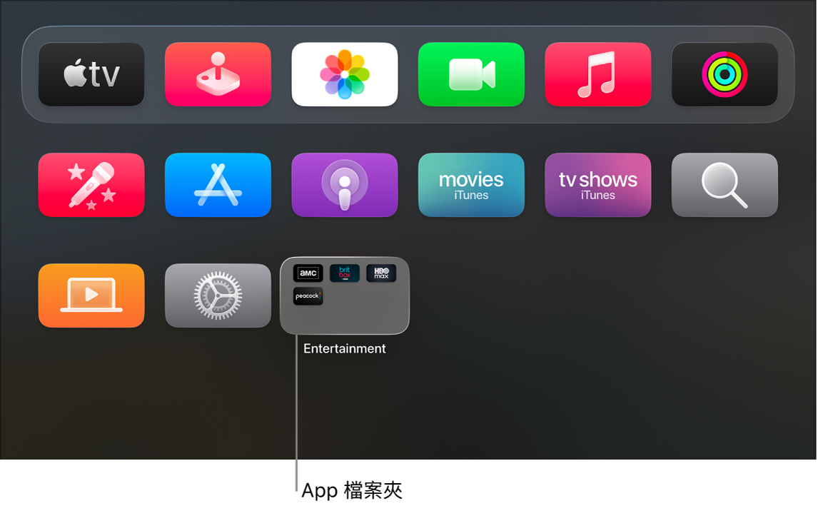 Apple TV 主畫面顯示一個 App 檔案夾。