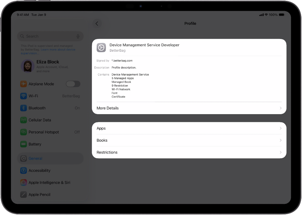 An iPad showing it’s being managed by an organization.