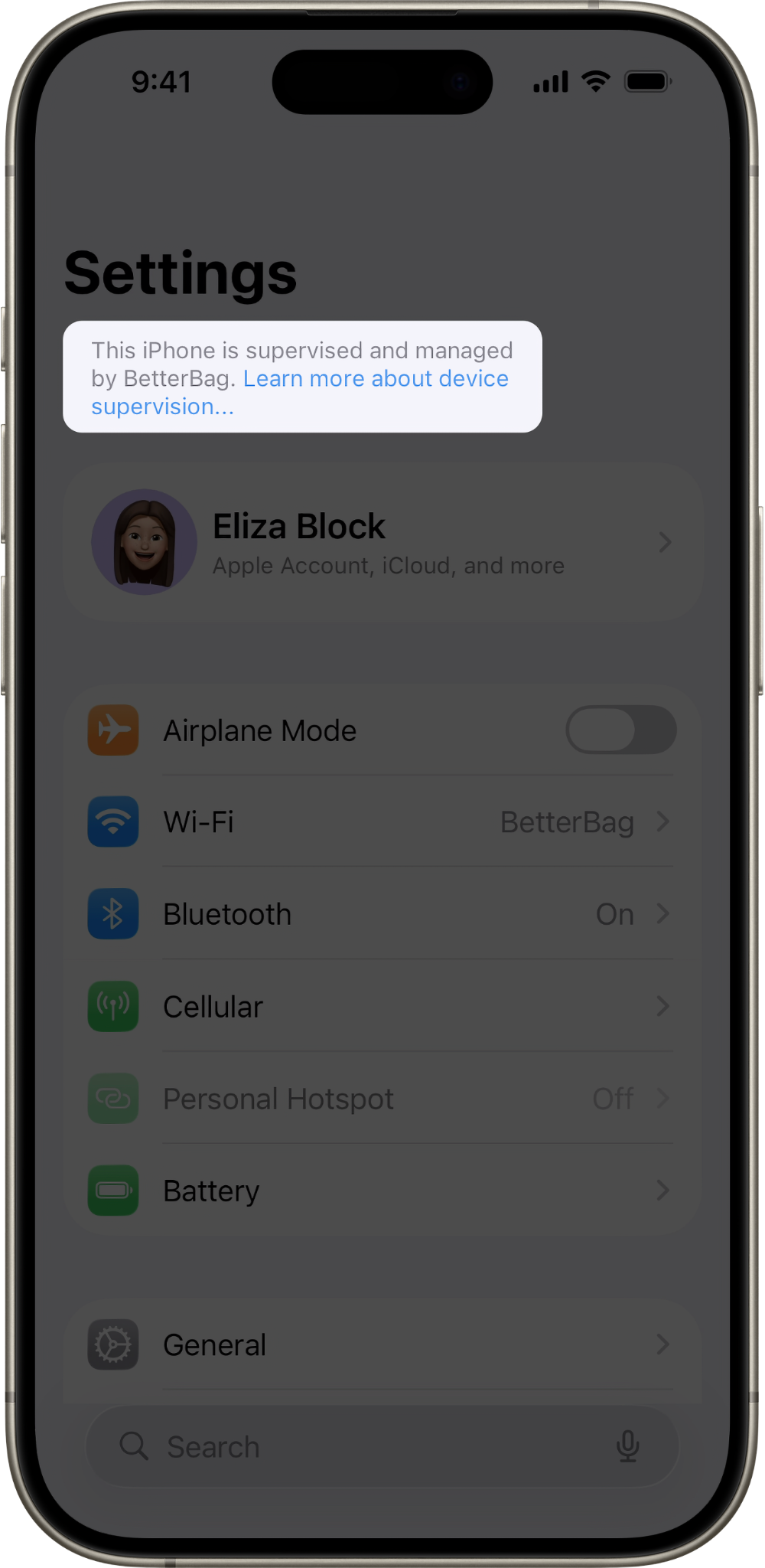 An iPhone showing that it’s supervised by an organization.