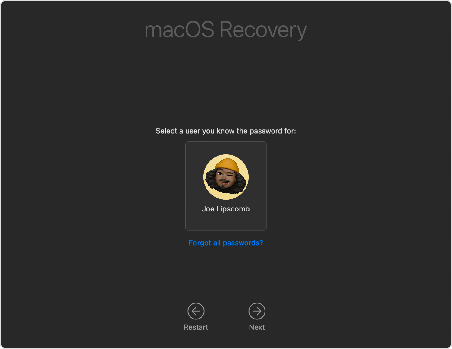 “Select a user” window in Recovery.