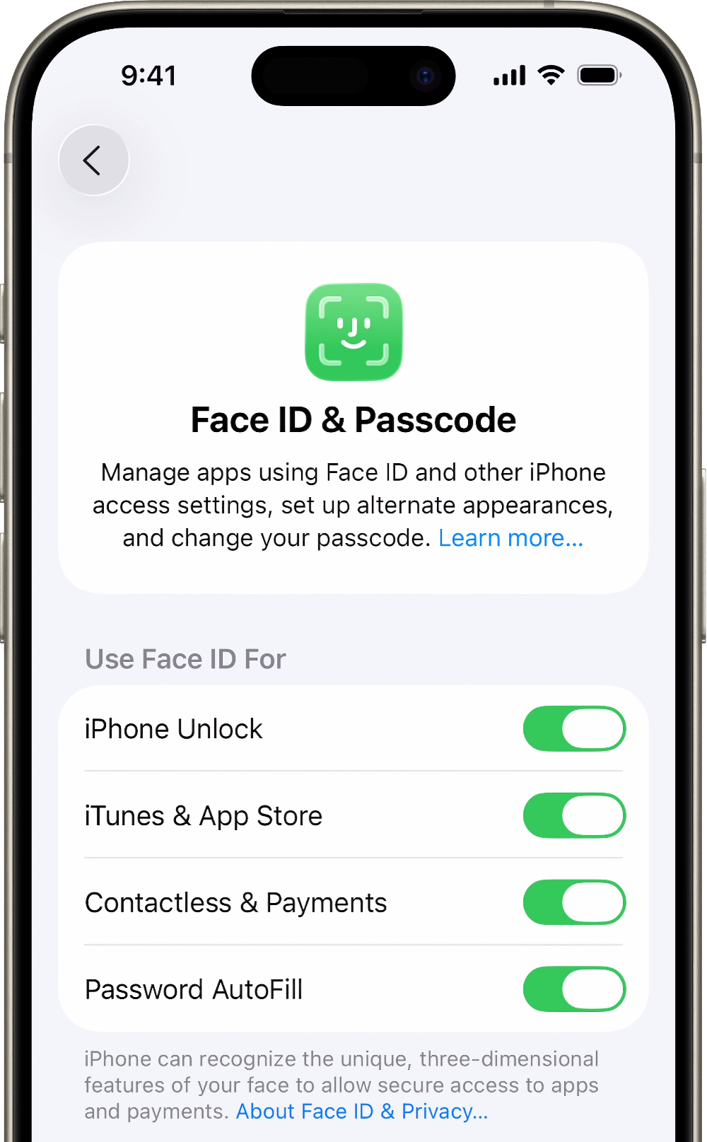 An iPhone showing the Face ID & Passcode screen.