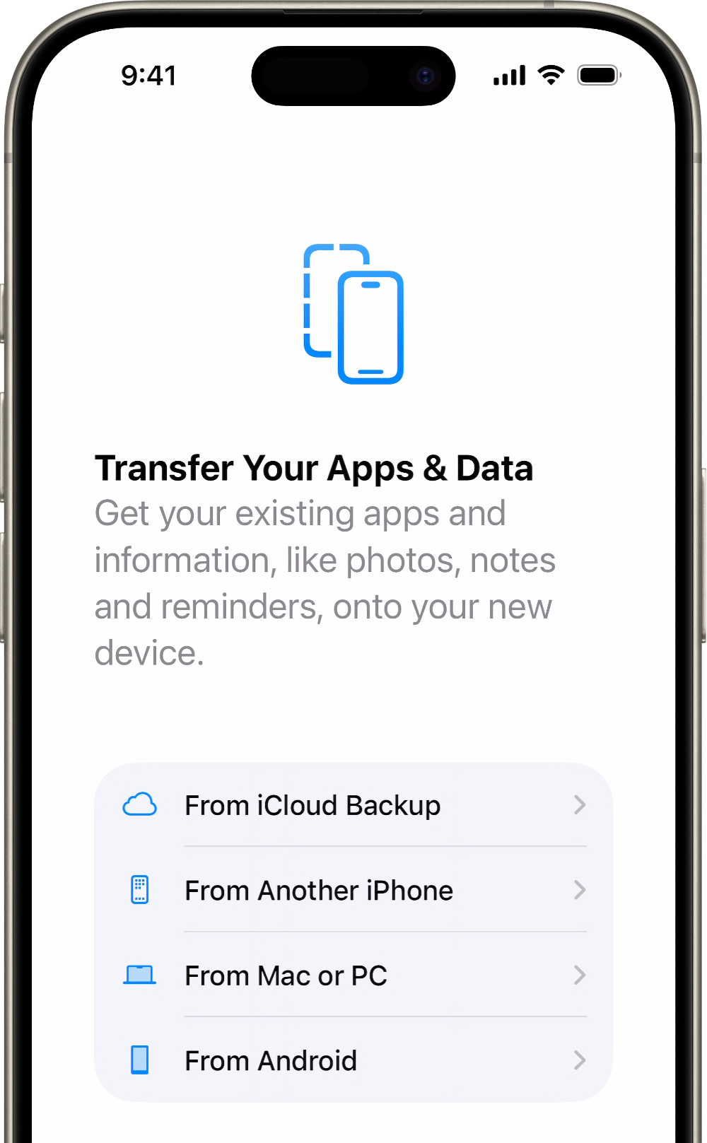 An iPhone showing From iCloud Backup as the selected option.