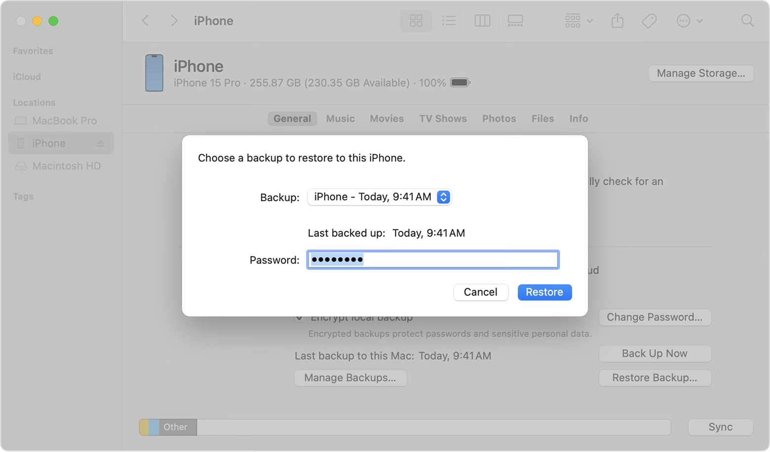 A Finder window showing a prompt to choose a backup and enter a password.