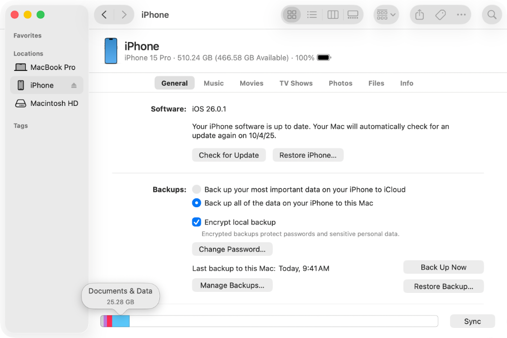 A Mac screen showing how to use the Finder to check the storage on an iPhone.